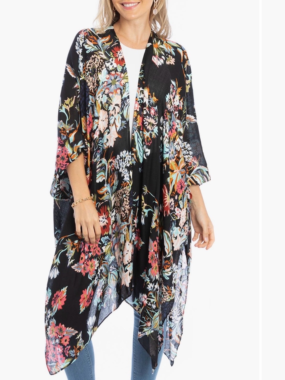 Saachi Lasdon Floral Flowy Kimono Top Open Front Artsy Boho